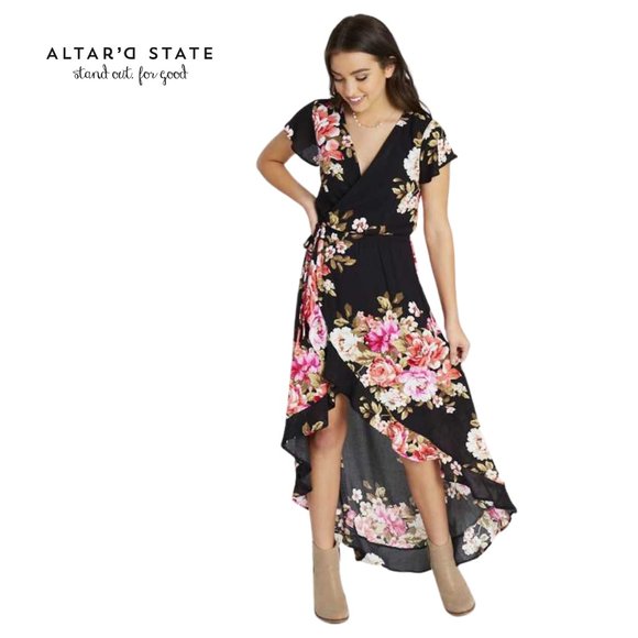 Altar'd State Dresses & Skirts - NEW Altar'd State - High/Low Maxi Dress Black with Red & Pink Flowers!